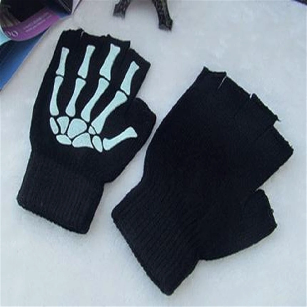 Skull Punk Gloves Neutral Half Finger Ghost Claw Knitted Gloves Exposed Finger Spot Nightlight Fingerless Elastic Gloves