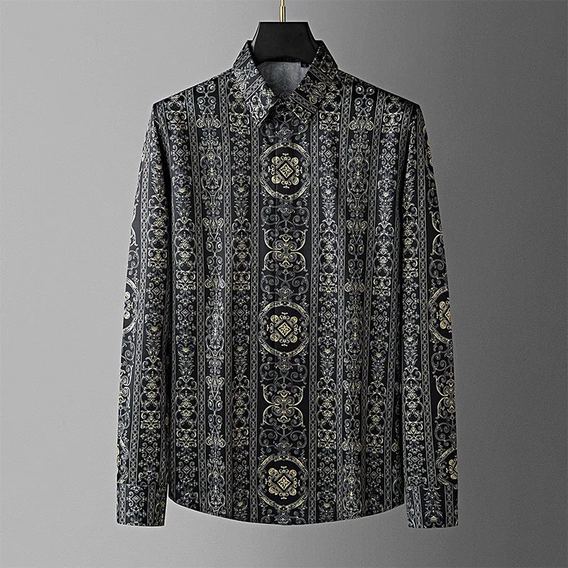 Brand Luxury Printed Men's Shirt High End Long Sleeved Casual Business Dress Shirt Retro Versatile Social Banquet Men Clothing