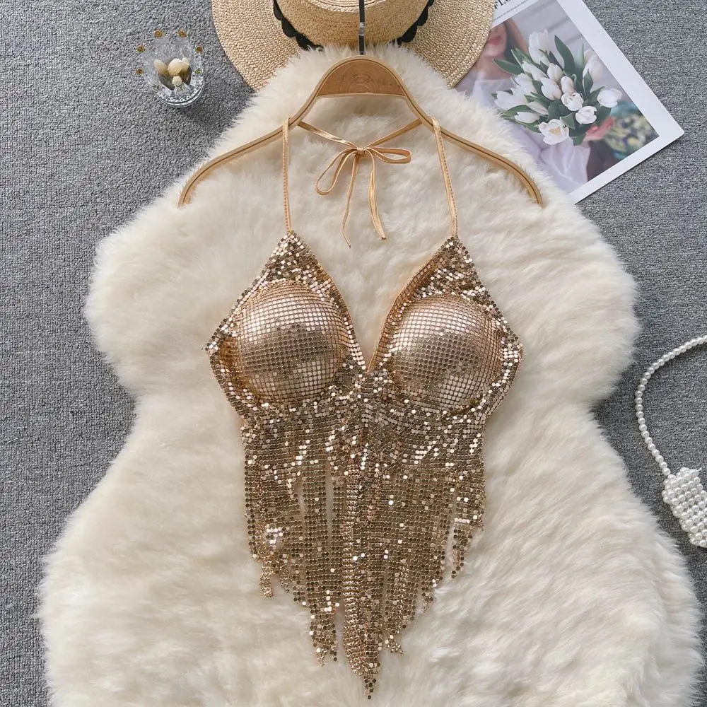 

2025 Summer Pure Desire Style Sequin Halter Top for Women Sexy Designer Fringe Tube Crop Top Slim Fit Trendy Y2K Fashion Outfit