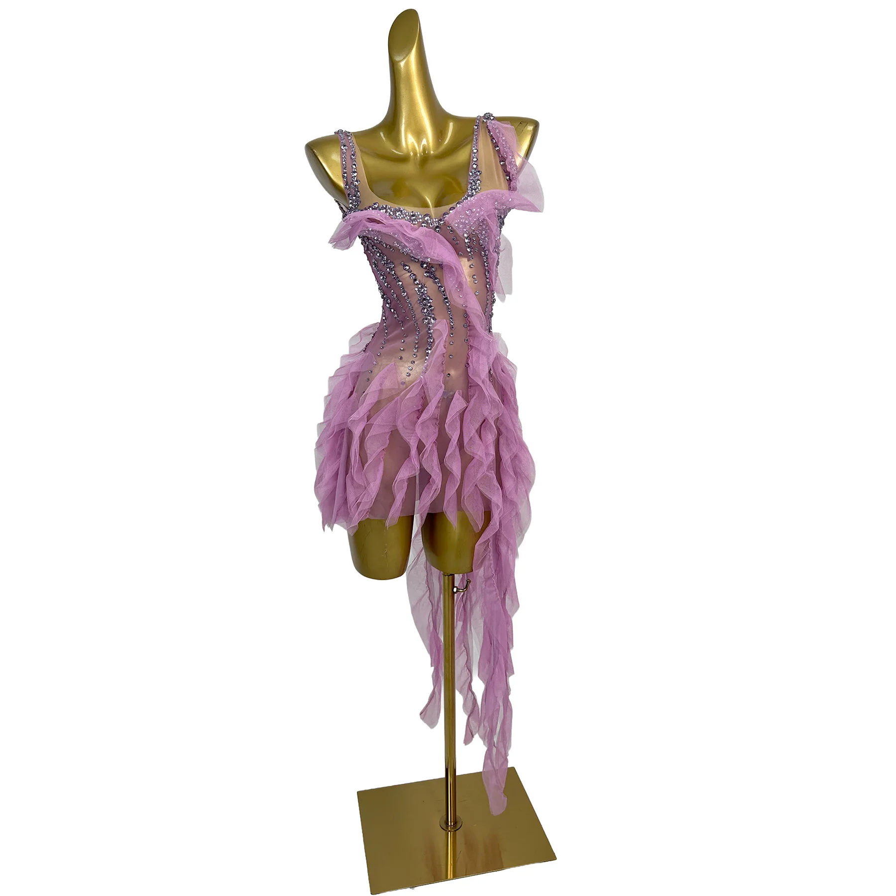 Vestido Mini Elegante Xiangling de Malla Transparente con Pedrería Morada y Volantes de Tul, con Dobladillo Asimétrico, para Cumpleaños, Baile de Graduación, Discoteca o Fiesta