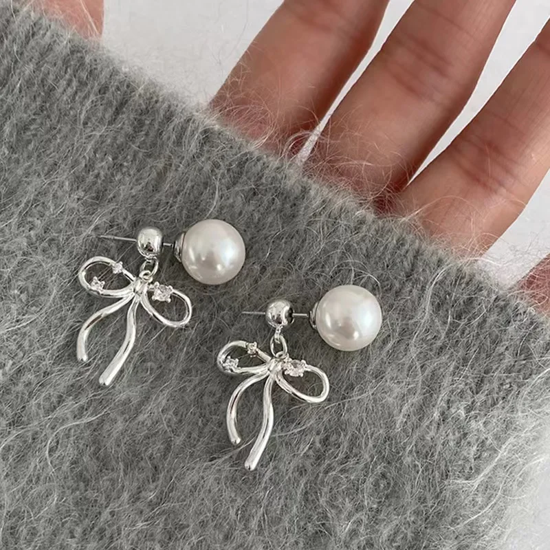 South Korea Elegant Simple Bowknot Grey Pearl Long Dangle Earrings for Women Fashion Sweet Beads Fashion Y2K Jewelry Party Gifts