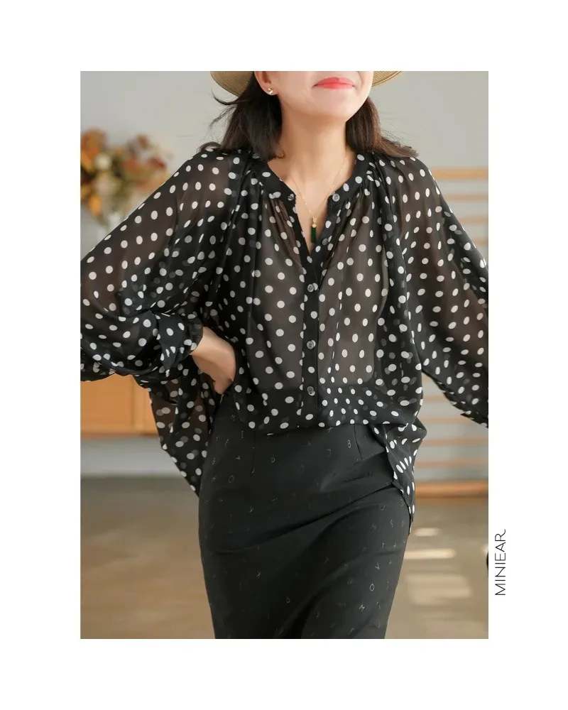 Jiangnan Misty Rain Early Summer New Product Chiffon Polka Dot Shirt Women\'s Long sleeved Top Comfortable Women\'s Original Stock