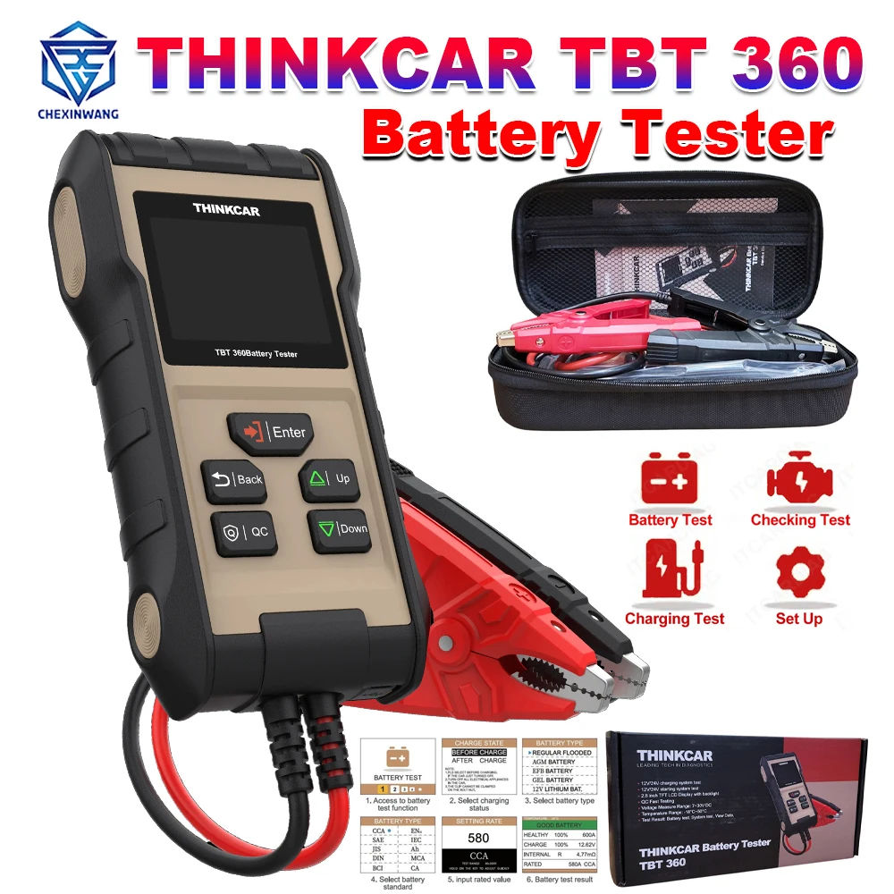 

THINKCAR TBT 360 Тестер батареи Двухпроводной зажим Кельвина 2,8-дюймовый TFT ЖК-дисплей Тест батареи Стан заряда Поддержка нескольких языков