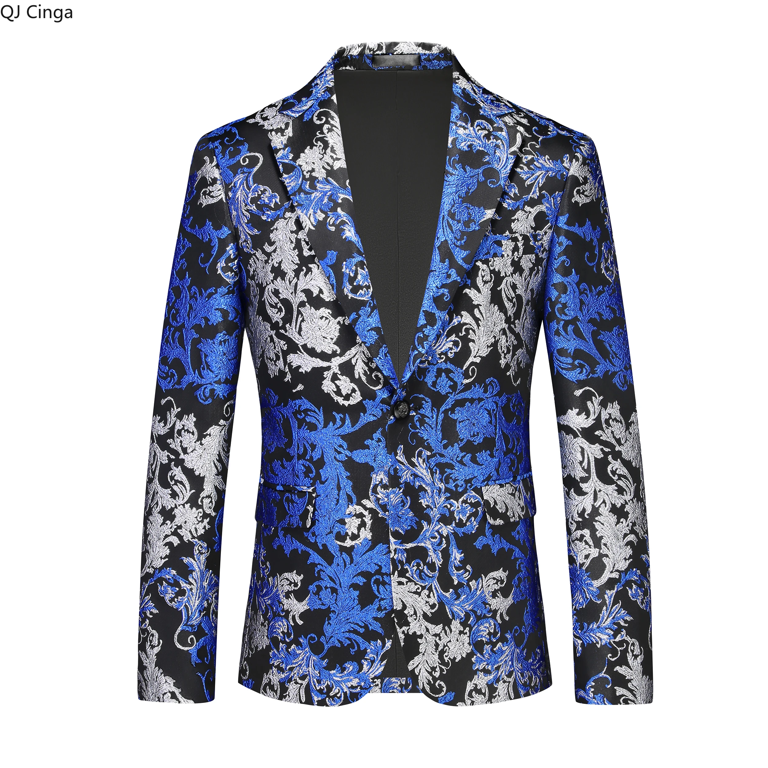 Men's Gold-yellow Embroidered Suit Jacket, Silver Single-button V-neck Slim-fit Coat, Perfect for Weddings/Parties/Performances.