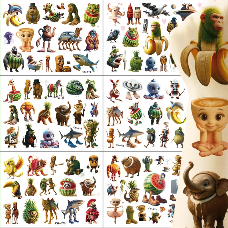1-3PCS Waterproof Tung Tung Tung Sahur Tralalero Tralala Sticker Italian Brainrot Abstract Animal Temporary Tattoo Stickers Toys
