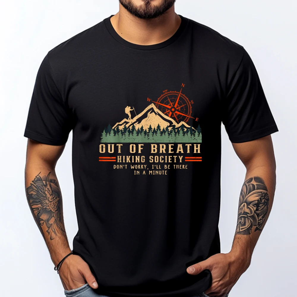 

Out Of Breath Hiking Society Funny Mountain Hiker Joke Black Shirt Graphic Tees Student Christmas Shirt Geek