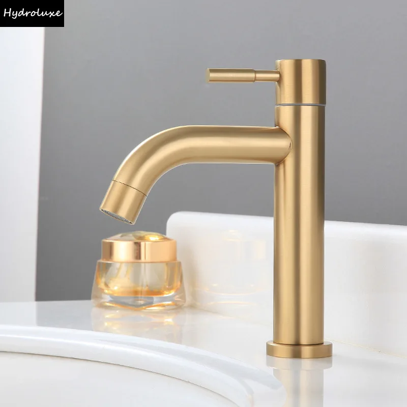 

Смеситель для раковины в ванную комнату, золотой, из нержавеющей стали, однорычажный, для холодной воды, настольный монтаж