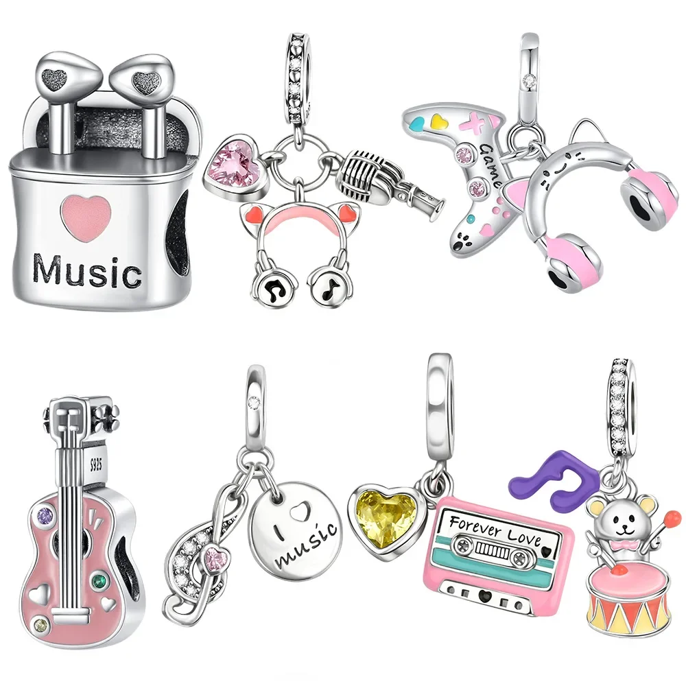 925 Sterling Silver Music Lover Charms Beads Fit Original Bracelets Bag Keychain Charms Beads Pendant Diy Women Jewelry Gift