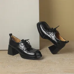 New Spring Autumn Split Leather Loafers Woman Shoes Chunky Heel Square Toe Platform Shoes for Women High Heels Women Pumps