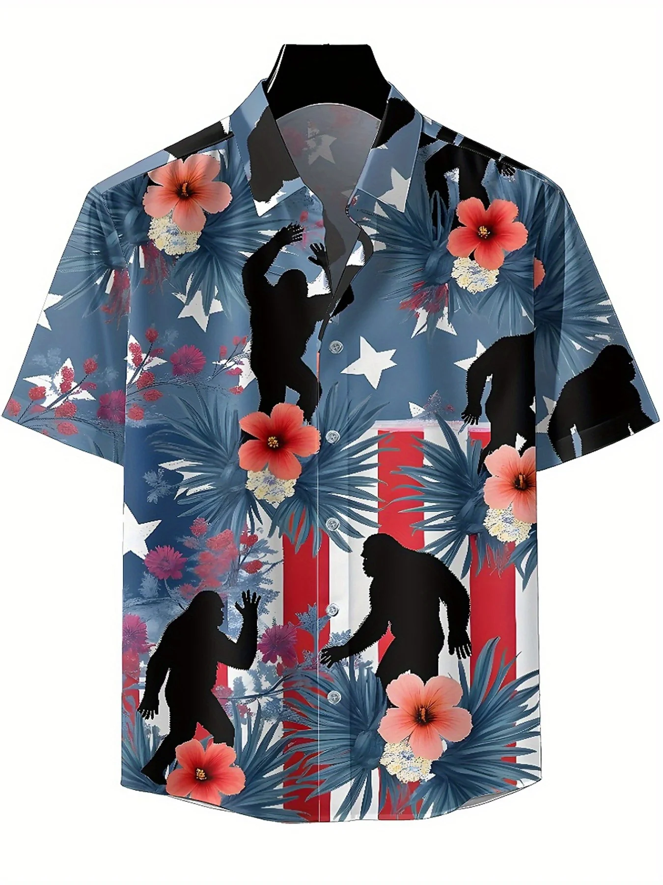 ชายเสื้อฮาวายขนาดบวก Sasquatch บนพื้นหลังของรูปแบบธงชาติอเมริกัน,Baggy Aloha เสื้อ,เสื้อผ้าฤดูร้อน
