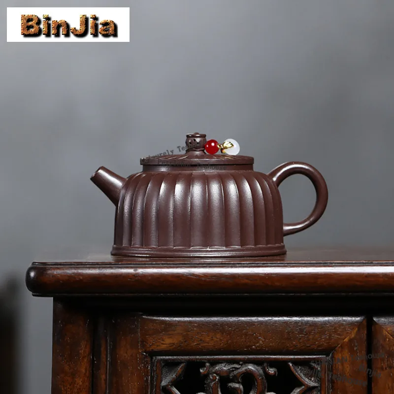 250ml High-end Yixing Purple Clay Teapots Handmade Hollow Rib Patterns Dezhong Pot Raw Ore Mud Kettle Zisha Tea Set Collection