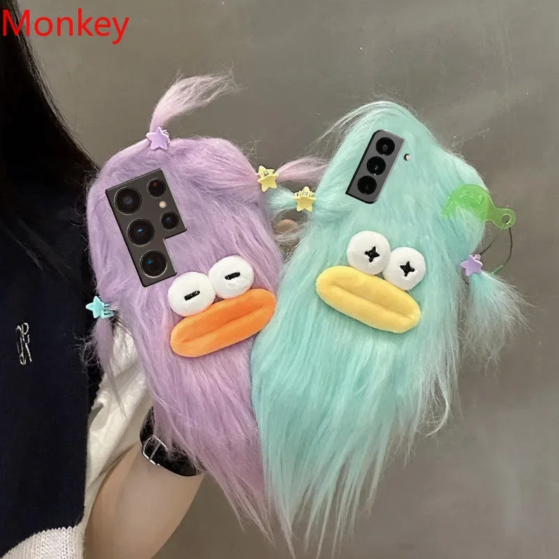 3D Korean Funny Fluffy Plush Monster Case For Samsung A03 A13 A23 A33 A53 A73 A51 A71 A21S M13 M14 M53 M54 A9 A7 Cute Soft Cover