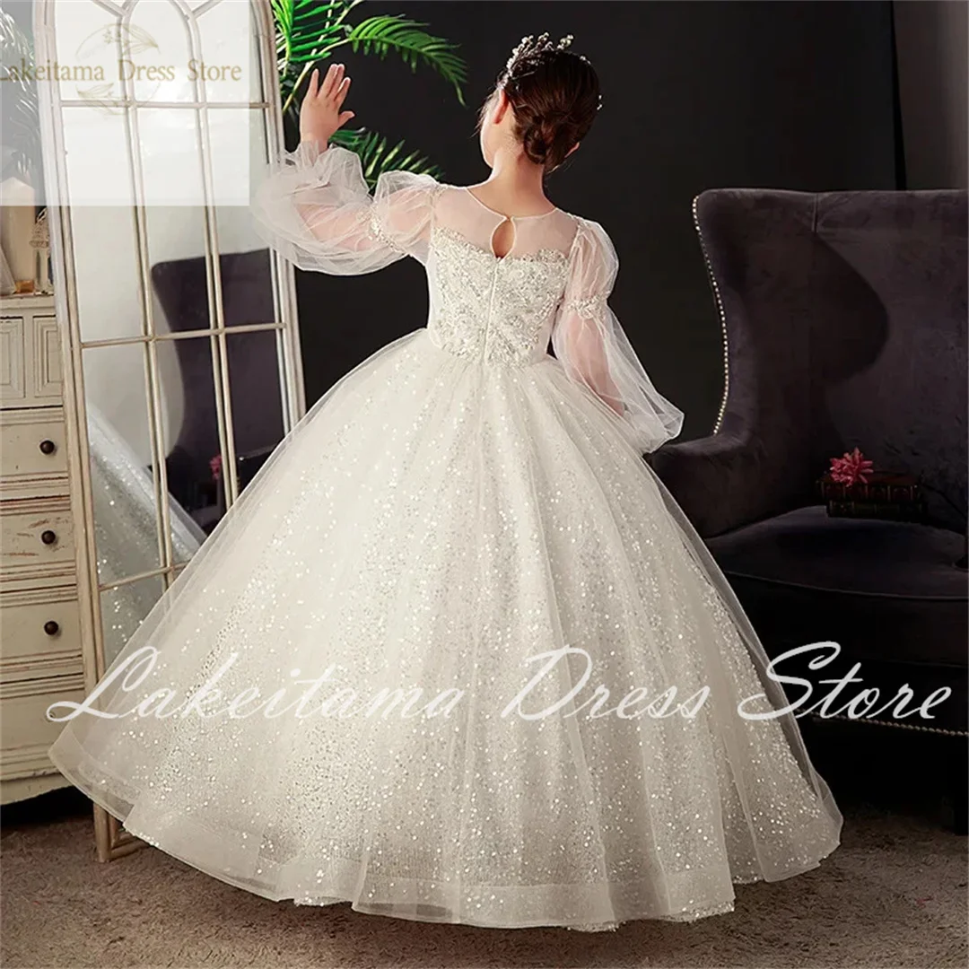 New Year Party Flower Girls Dress for Wedding Evening white Children Princess Pageant Long Gown Kids Dresses for Girls Clothes