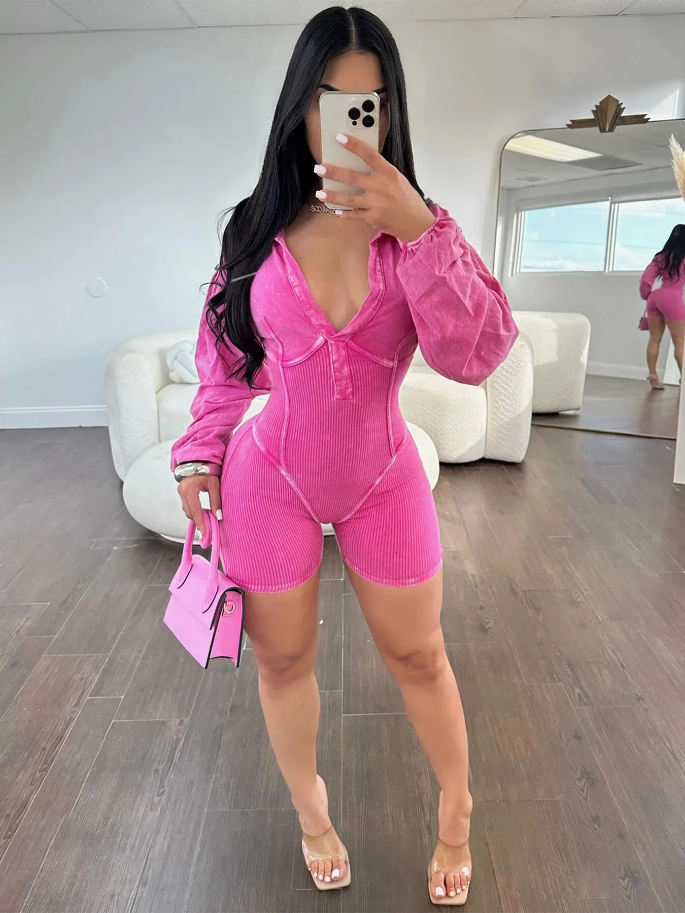 Sexy Solid Striped Patchwork Short Jumpsuits Summer Long Sleeve Bodycon Stretchy Rompers Fashion Playsuits Overalls Rompers 2024