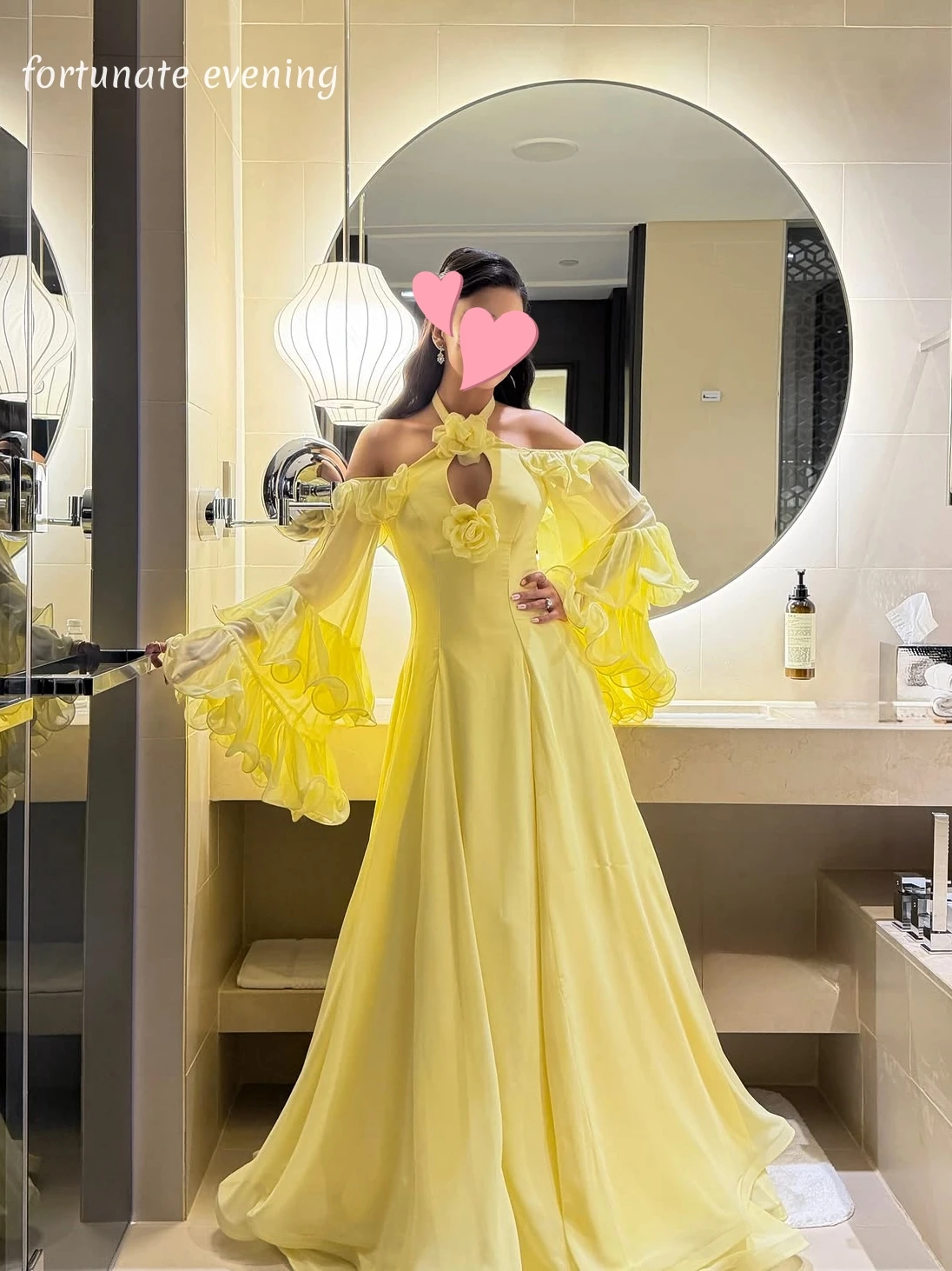 Fortunate Evening Elegant Vintage Sweet Yellow Chiffon Flowers Summer Customized Formal Occasion Prom Dress Evening Party Gowns