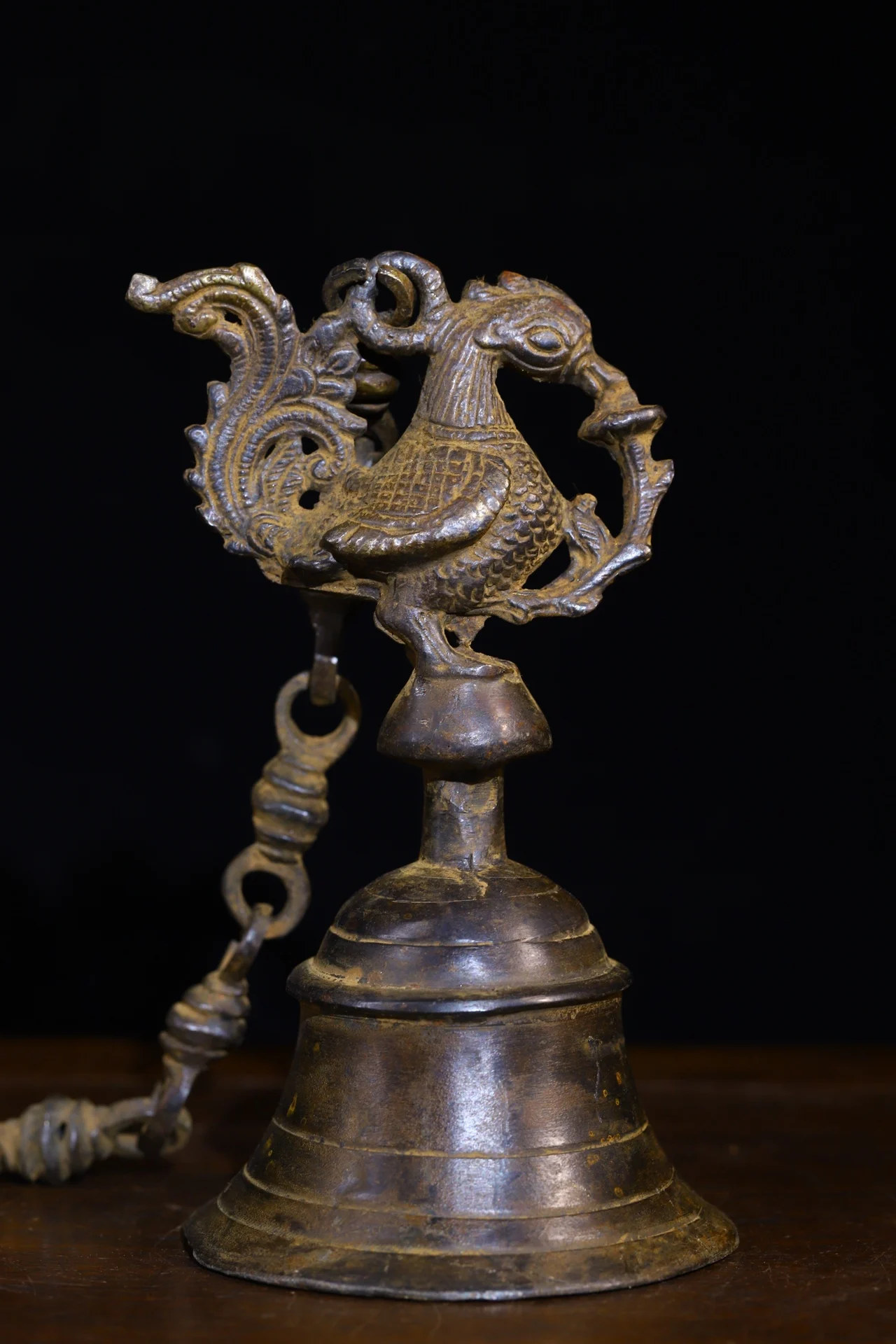 

23"Tibetan Temple Collection Old Bronze Cinnabar Phoenix Crayon Statue Old Ringing Bell hanging panel Amulet Town house