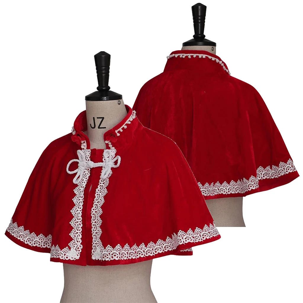 

Medieval Red Velvet Lace White-edged Cape Victorian Short Cloak Shawl Adult Halloween Christmas Cosplay Party Fancy Cape