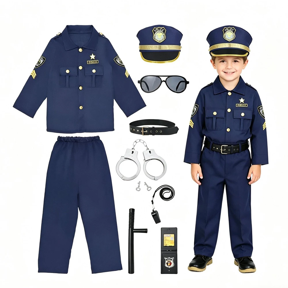Kids Police Cosplay Costume Uniform Set Tops Pants Hat Belt Handcuffs Accessories Boys Halloween Party Cosplay Role Play Outfit view 3
