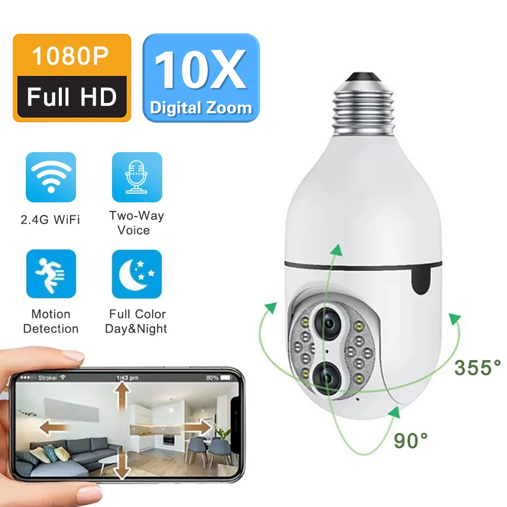 

1080P WiFi Surveillance Camera Wireless E27 Bulbed IP Camera Security Protection Cam 10X Digital Zoom CCTV Cam Dual Lens PTZ Cam