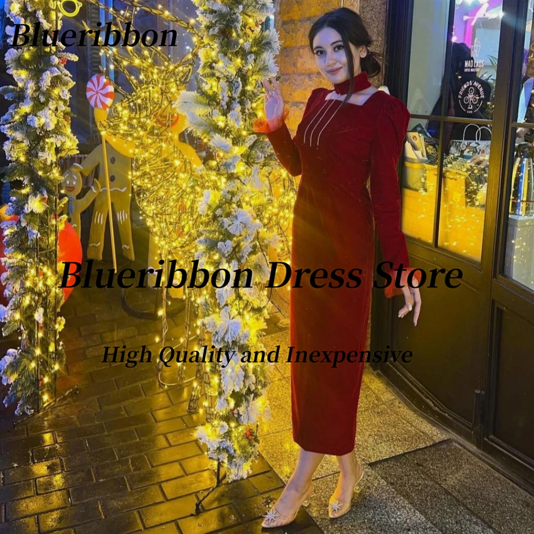 

Blueribbon Ankle Length Prom Dresses Long Sleeves Halter Beading Decoration Women Wear Dress for Christmas Party Evening Banquet