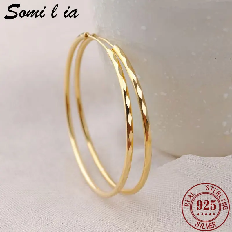 Somilia -925 Sterling Silver Big Hoop Earrings New Fashion 18k Gold Women's Round Earring Collection 2.0mm серьги кольца Jewelry