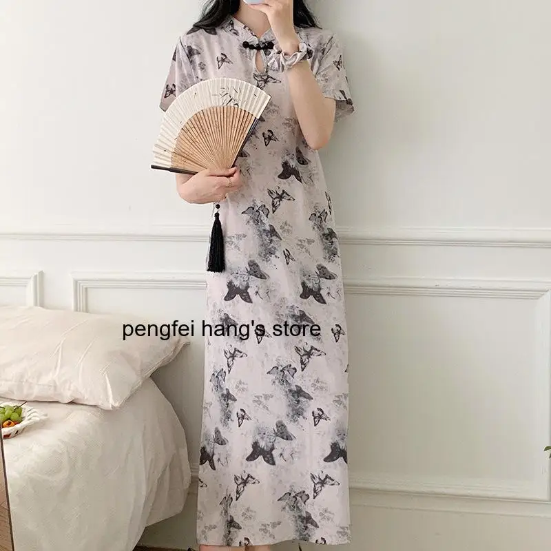 Women Summer New Chinese Style Long Sleep Dress Elegant National Style Nightgown Soft Casual Home Loungewear for Ladies Wear