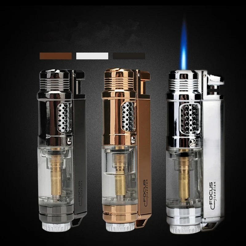 Focus Transparent Air Chamber Windproof Butane Gas Creative Lighter Straight Metal Blue Flame Cigarette Lighter Men's Gifts