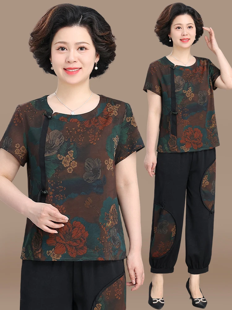 

Новый китайский летний комплект одежды для мам 60 лет: хлопково-льняной, с коротким рукавом, свободного кроя, с круглым вырезом, модный.