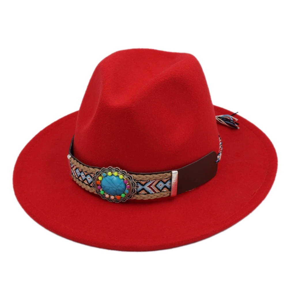 Mistdawn Kids Wide Brim Felt Fedora Hat Boho Ethnic Style Turquoise Gem Belt Jazz Cap Adjustable Fall Winter Party Accessory
