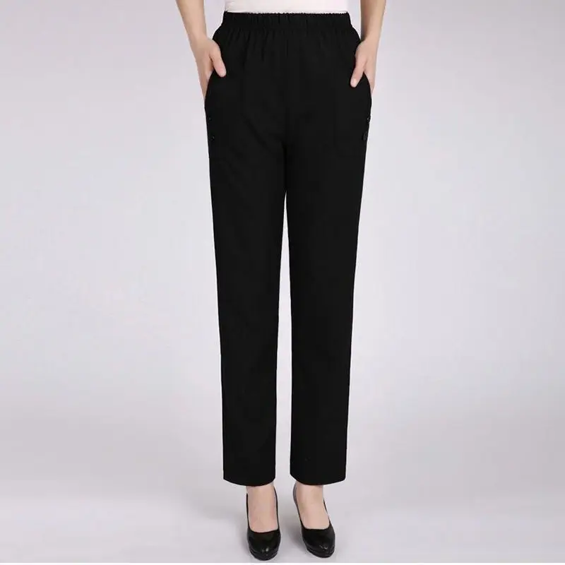 กางเกงขายาวผู้หญิงเอวสูงผ้ายืดบาง รุ่น W2231 กางเกงผู้หญิงวัยกลางคน ฤดูใบไม้ผลิ ฤดูร้อน ทรงหลวม กางเกงผ้าฝ้ายลินินทรงตรงสำหรับคุณแม่
