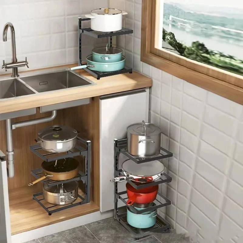 4‑Tier Adjustable Metal Kitchen Sink Storage Rack, Space‑Saving Cookware Organizer for Stovetop and Cabinets