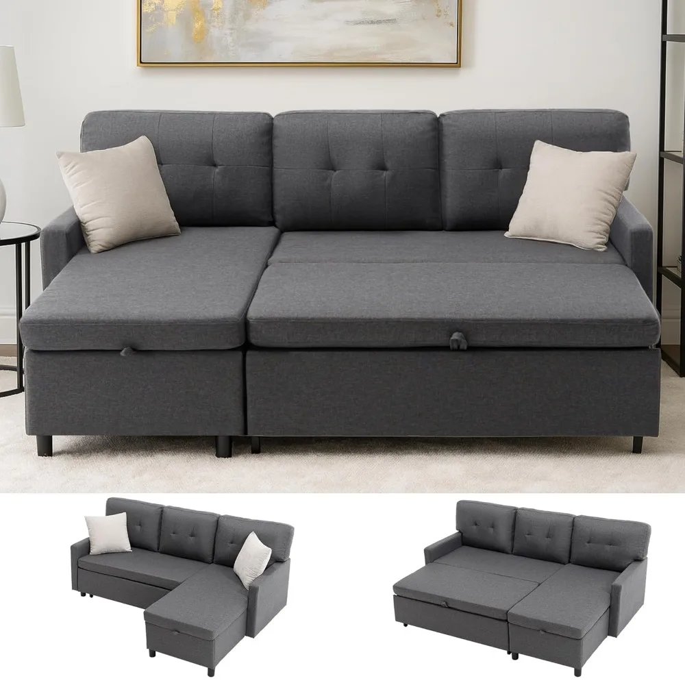 Sleeper Sofa Couch, Oversized Pull Out Couch Bed with Storage Chaise, Sectional Sleeper Sofa Bed for Living Room(Grey, 73 Inch)