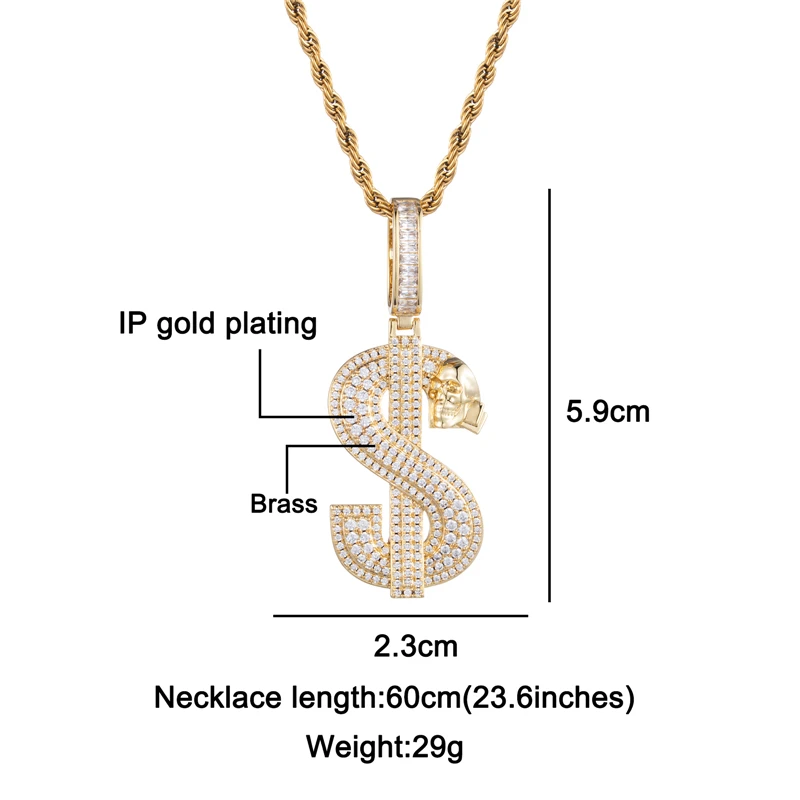 Hip Hop US Dollar Symbol Pendant Iced Out CZ Stones Micro Paved AAA Cubic Zircon Necklace Charm Chains For Men Women JewelryGift