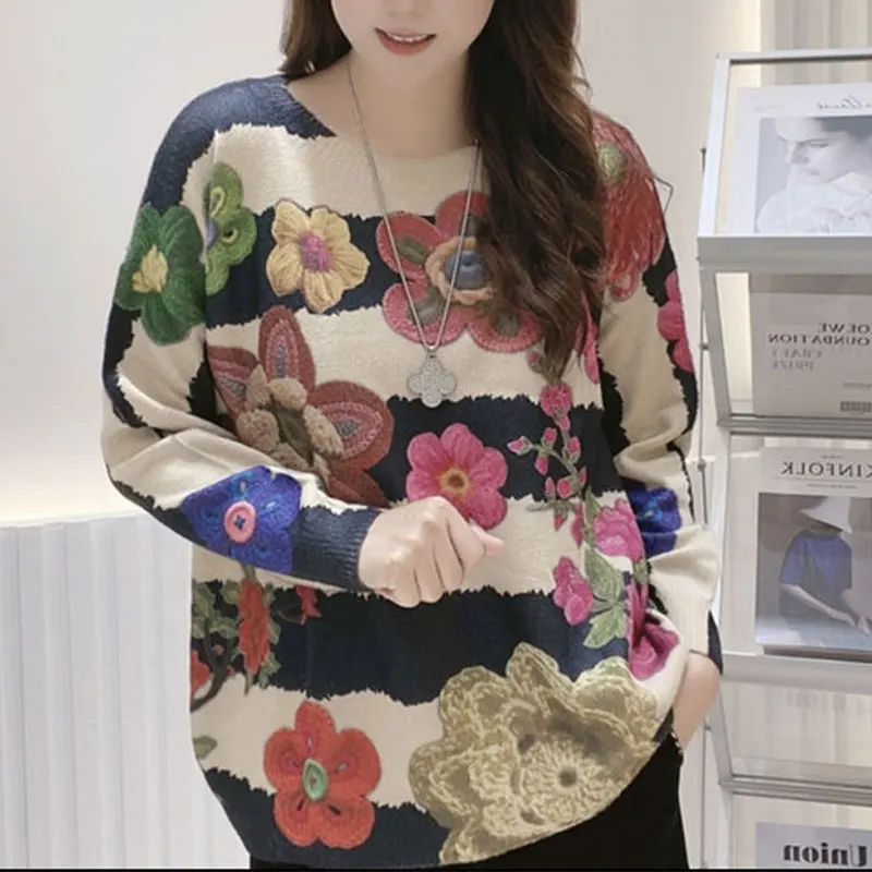 Korean Loose Floral Printed Round Neck Knitted T-shirt 2024 Women\'s Clothing All-match Fashion Chic Patchwork Long Sleeve Tops