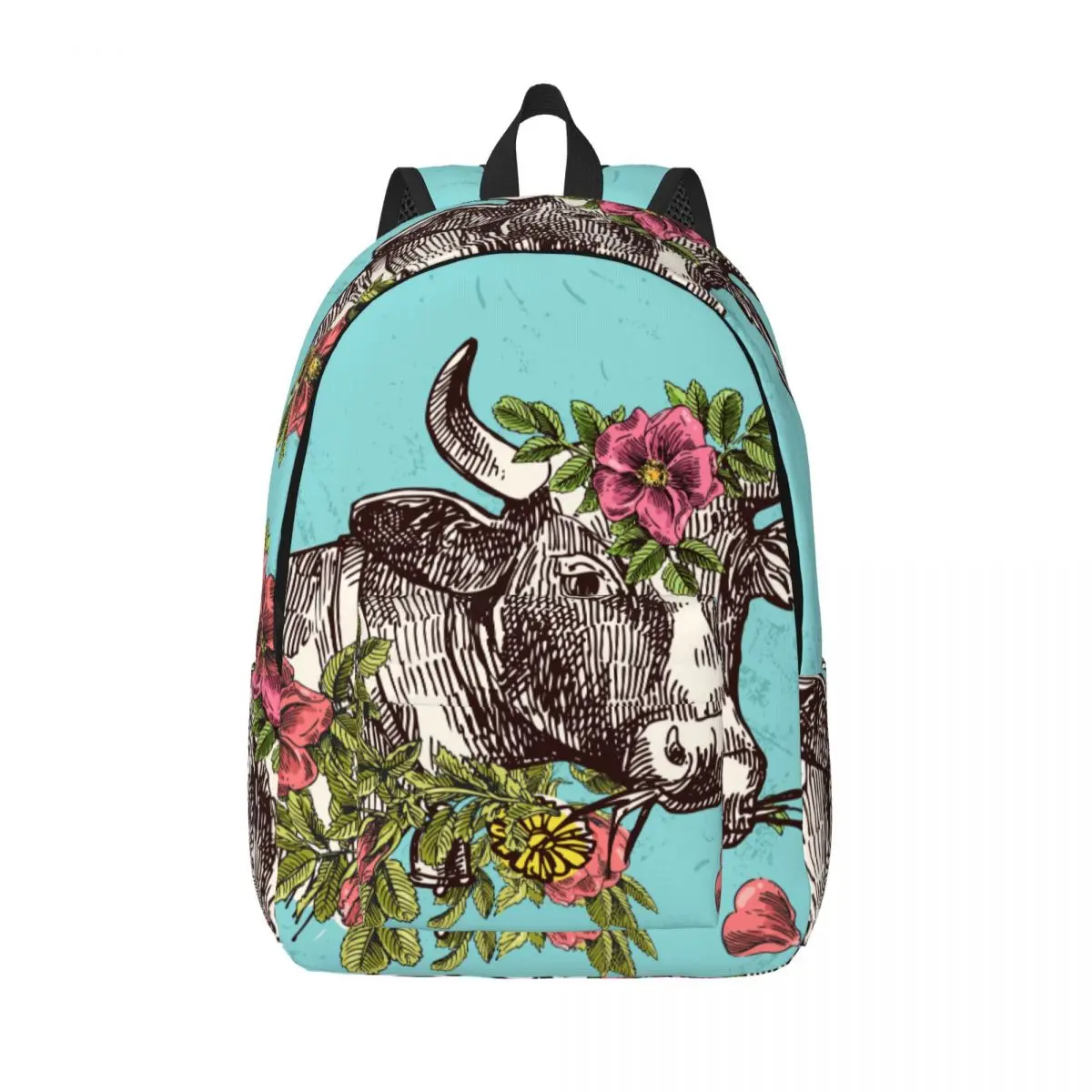 Sketch Cow Head With Flowers Backpack Male School Student Backpack Female Large Capacity Laptop Backpack