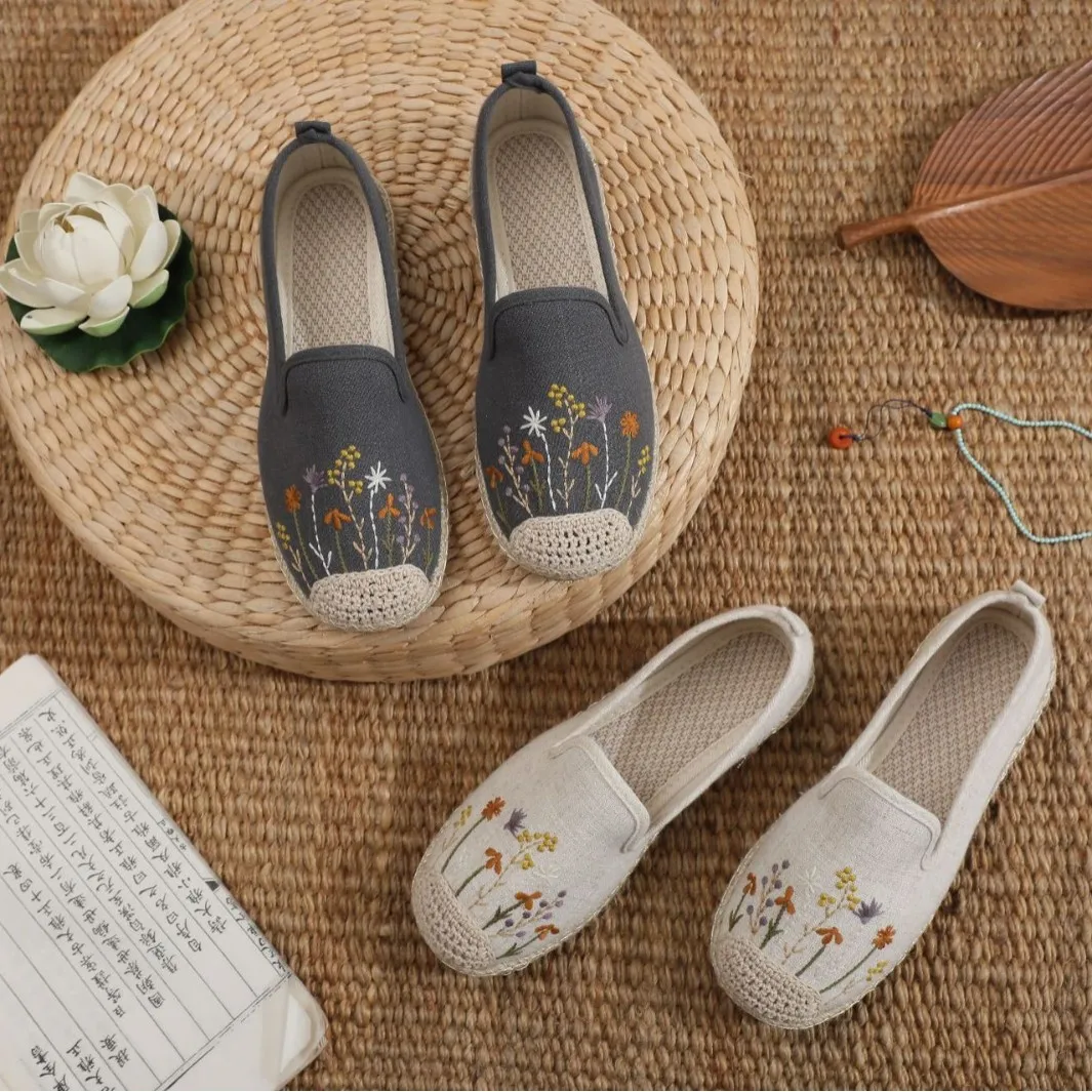 

2026 Summer Women's Beige & Gray Wildflower Embroidery Espadrille Slip-On Flats Breathable Linen Casual Shoes Q-186