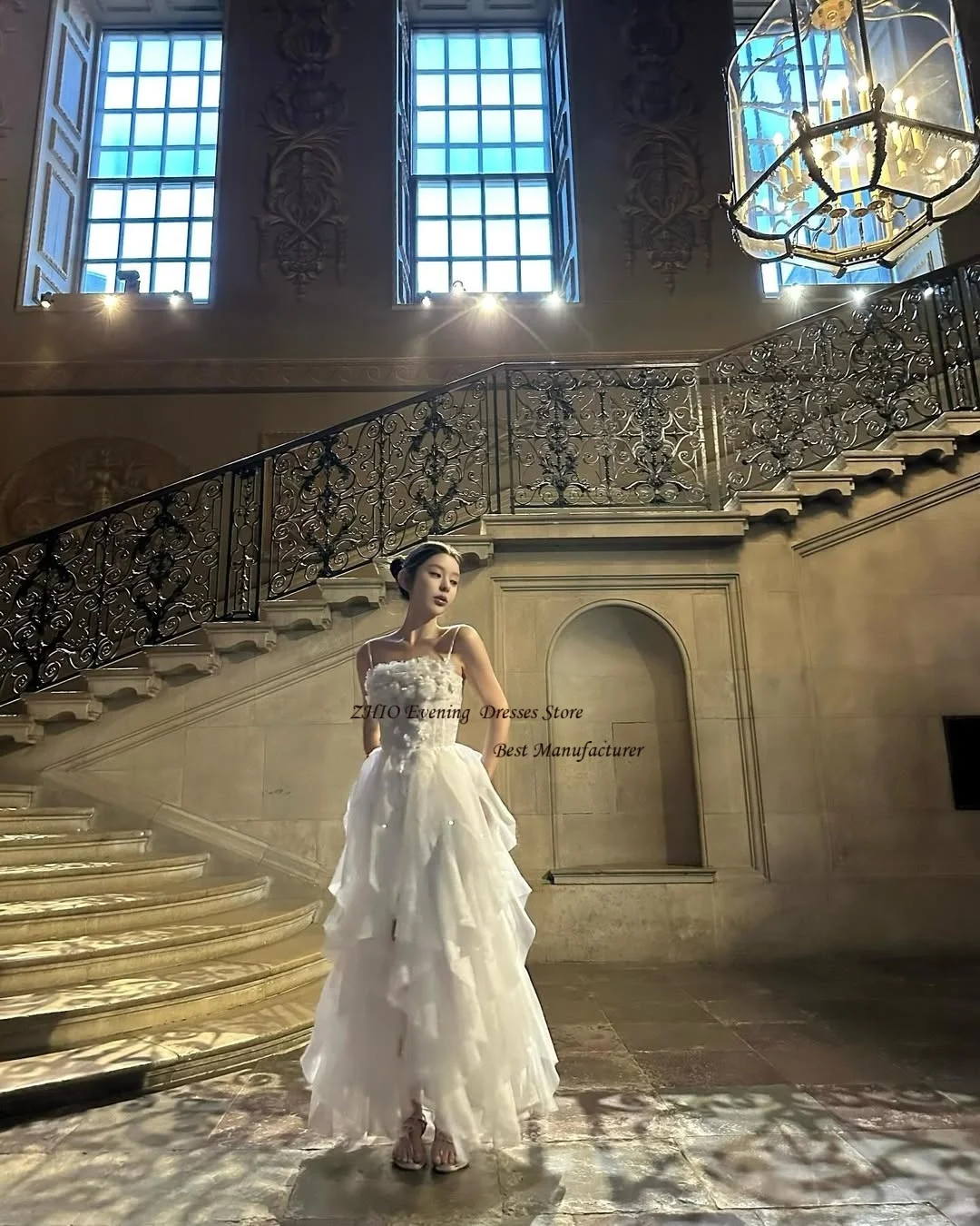 ZHIO Lusso 3D Fiore Tulle A Line Illusion Abito da sposa coreano Servizio fotografico Senza spalline Cinghie per spaghetti Abiti da sposa Personalizzati