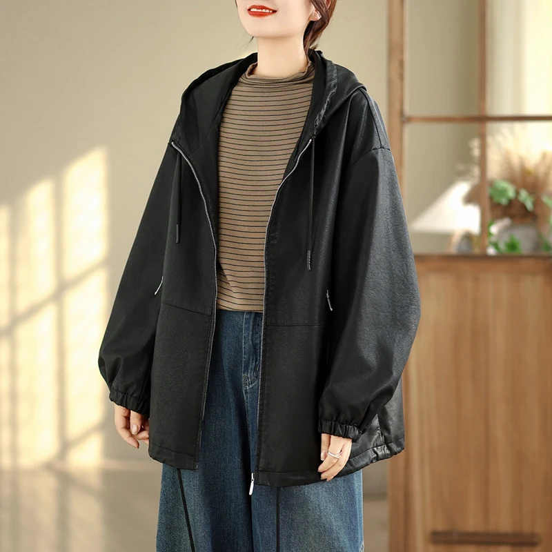 Masss Wasss 2026 Spring Korean Soild Outerwear Ladies Vintage Classic PU Coats Womens Leisure Fashion Loose Faux Leather Jackets