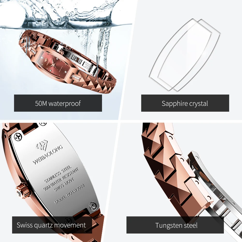 WEIBAOLONG 3809 ساعة كوارتز للنساء الياقوت مرآة التنغستن الصلب حزام مقاوم للماء الماس الحقيقي ساعات كوارتز سويسرية #6