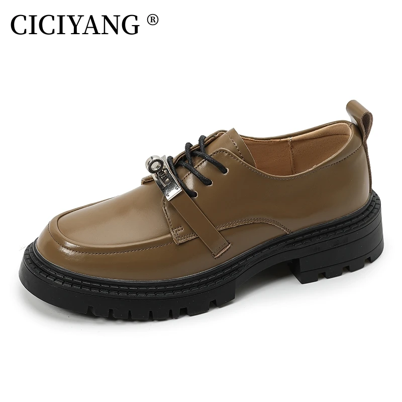 

CICIYANG Women Loafers Genuine Leather 2024 Spring New British Style Lace-up Fashion Ladies Shoes Lock Buckle Round Toe Shoes 41