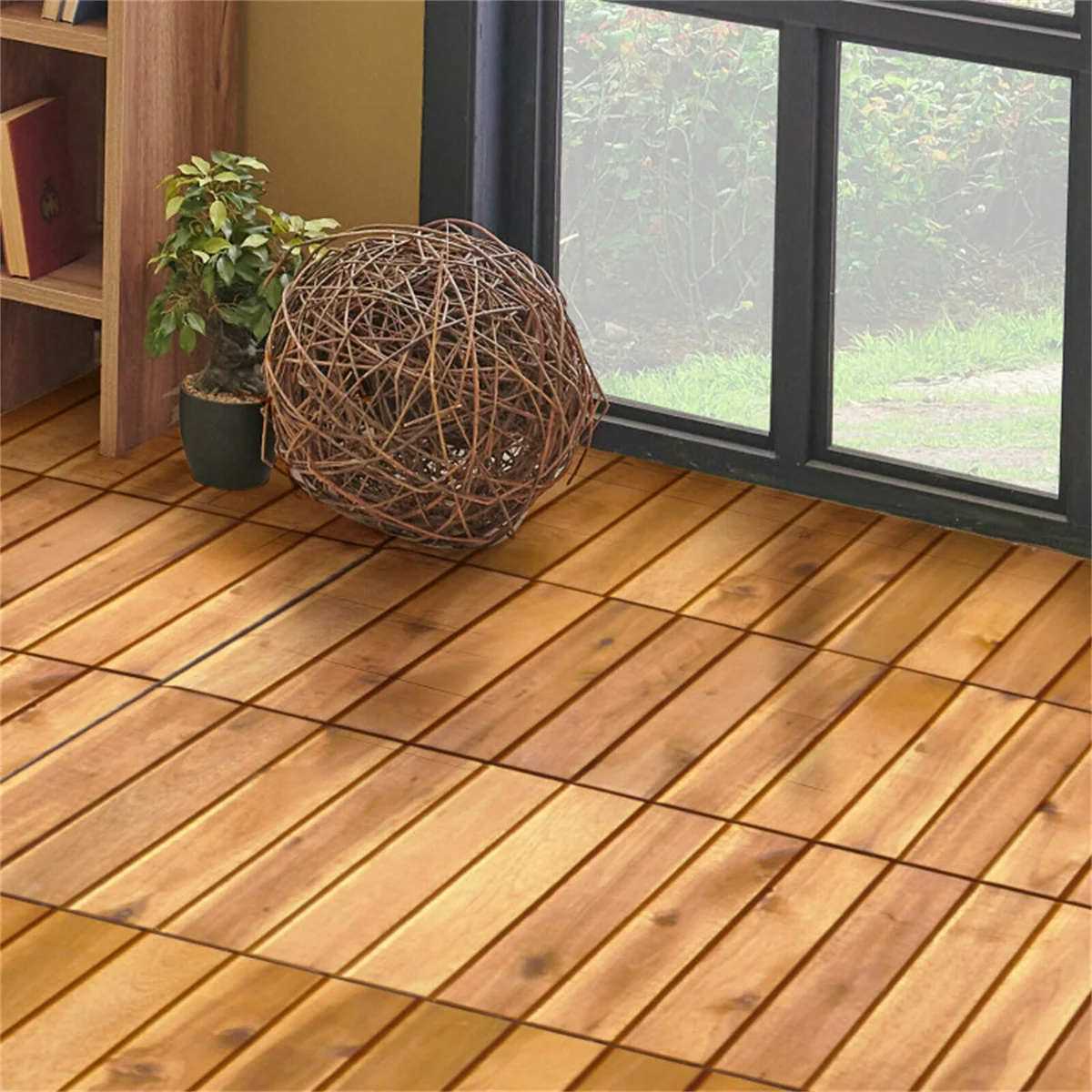 27 Multifunctional Outdoor Floor Tiles, 12' X 12' Albizia Wood Interlocking Terrace Tiles