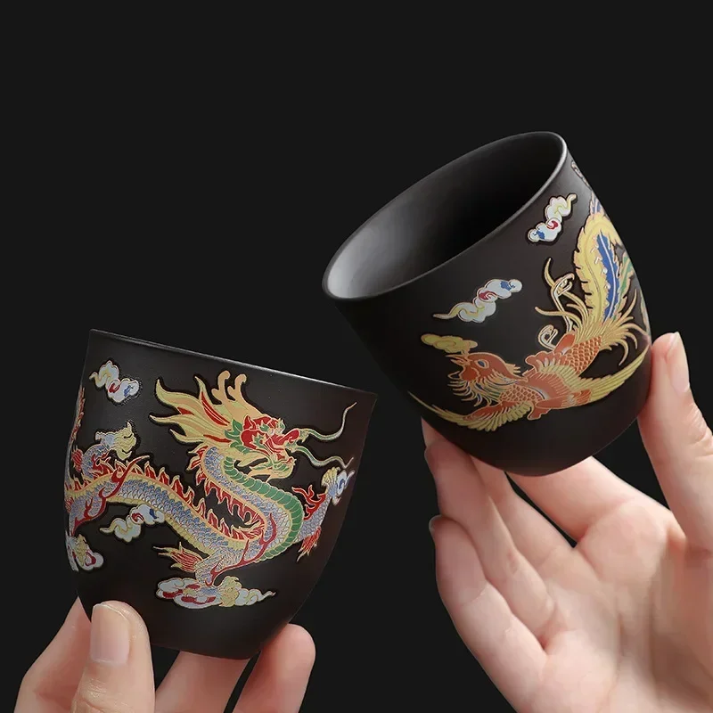 1pcs  Dragon and Phoenix temperature change purple sand cup changes color in hot water household tea cup