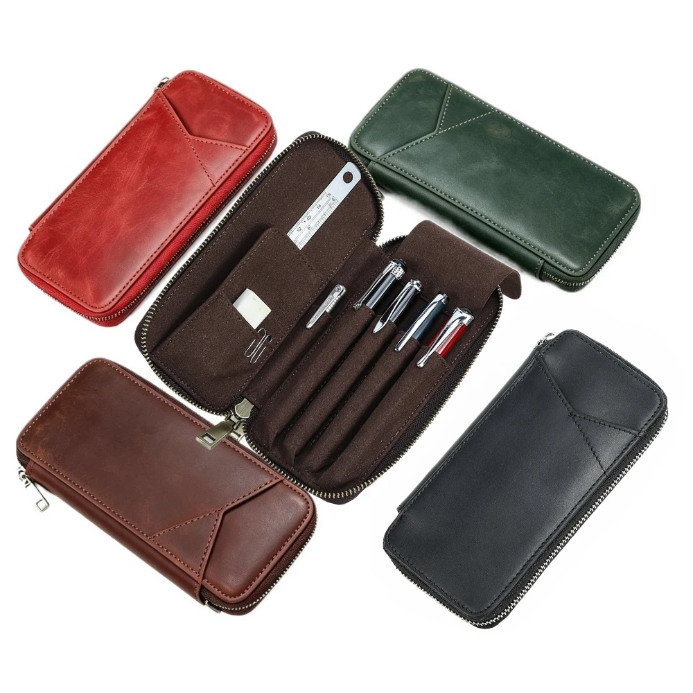 Vintage Pull-Up Leather Pen Case, 4 Slot Handmade Zipper Pouch, Multi-Function Student Stationery Box, 19*9.5*2.5cm