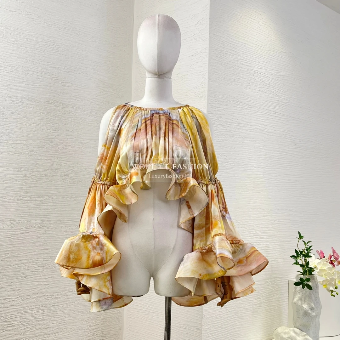 

Silk Yellow Long Sleeve Floral Print Irregular Ruffles Frilled Blouse Tops and Skirt Set