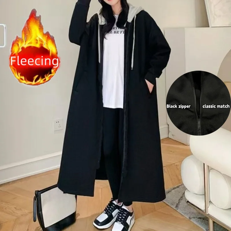 Plus Size Winter Coats Woman Oversize New Outerwear Office Lady's Casual Black Hooded Zip-Up Fake 2 Pieces Korean Matching Chic