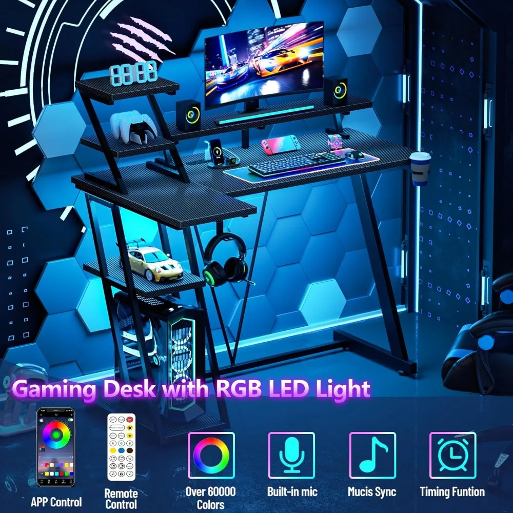 Reversible Corner Gaming Desk with LED Lights & Power Outlet, 39 Inch Computer Desk with Storage Shelves