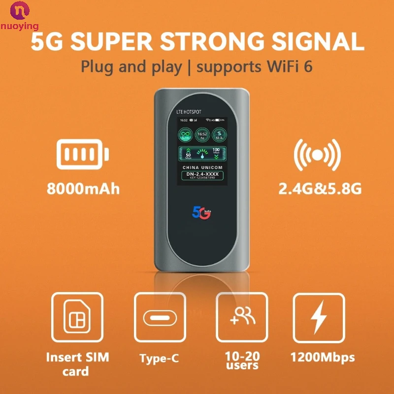 NUOYING M2D WiFi6 MiFi Router 5G-Unterstützung Dual-Band 600Mbps Farbdisplay Tragbarer Drahtloser Router