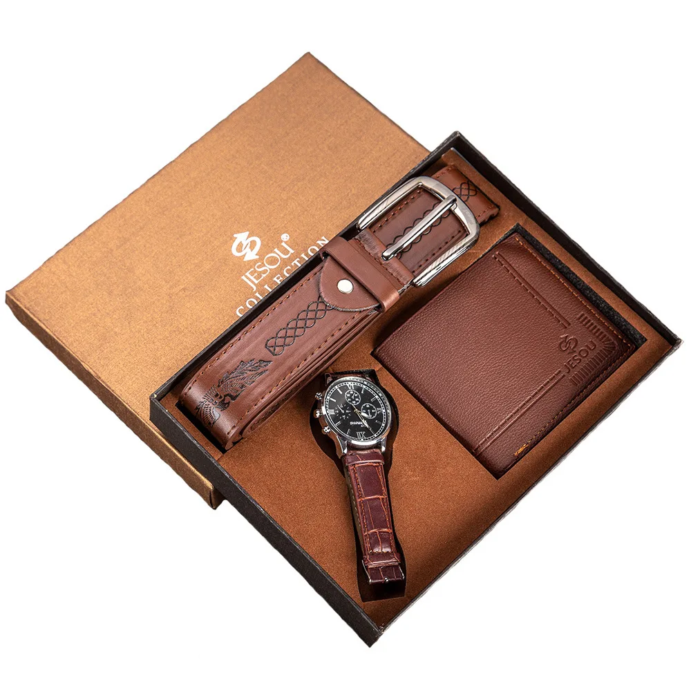 3pcs/set Men\'s Gift Set Beautifully Packaged Watch Brown Leather Belt Wallet Suit Gift Set for Men Boyfriend Dad Drop Shipping