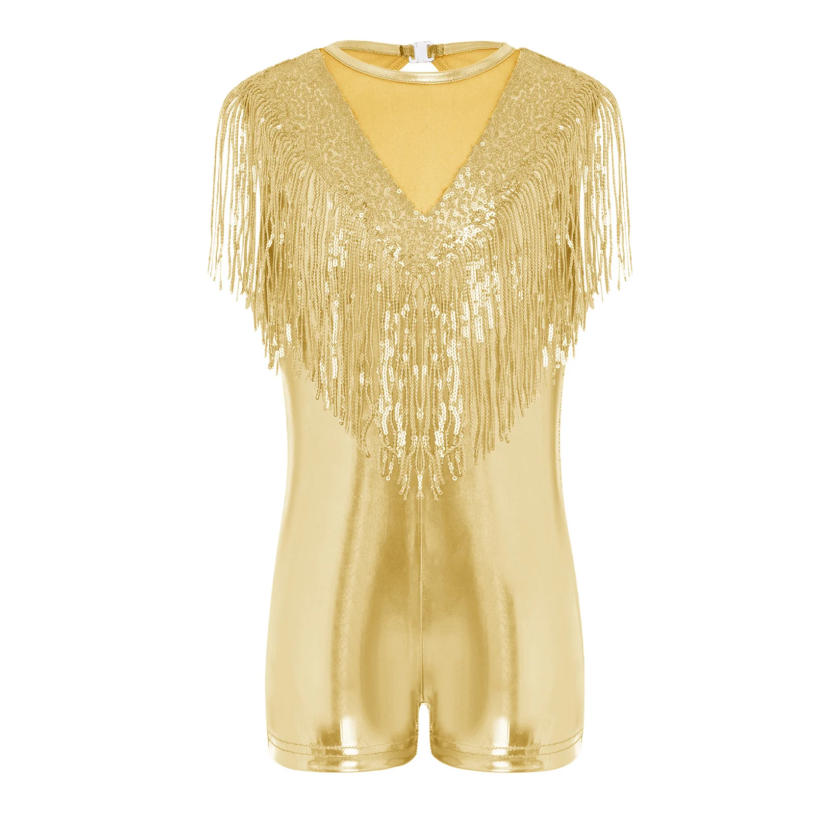 Kids Girls Metallic Shiny Disco Jazz Dance Jumpsuit Sleeveless Mesh Sequin Tassels Romper Rave Party Stage Performance Dancewear view 3