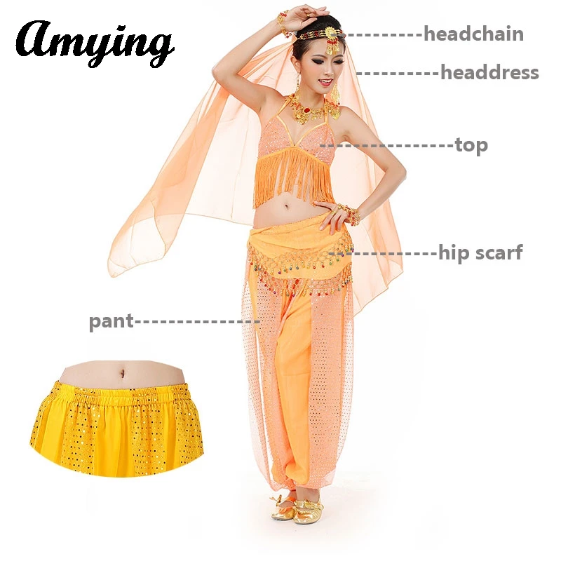 

4PCS Oriental Belly Dance Costume Set Women/Girl Stage Professional Outfit Lady Sexy Indian Sari Headdress Top Pant Waist Chain